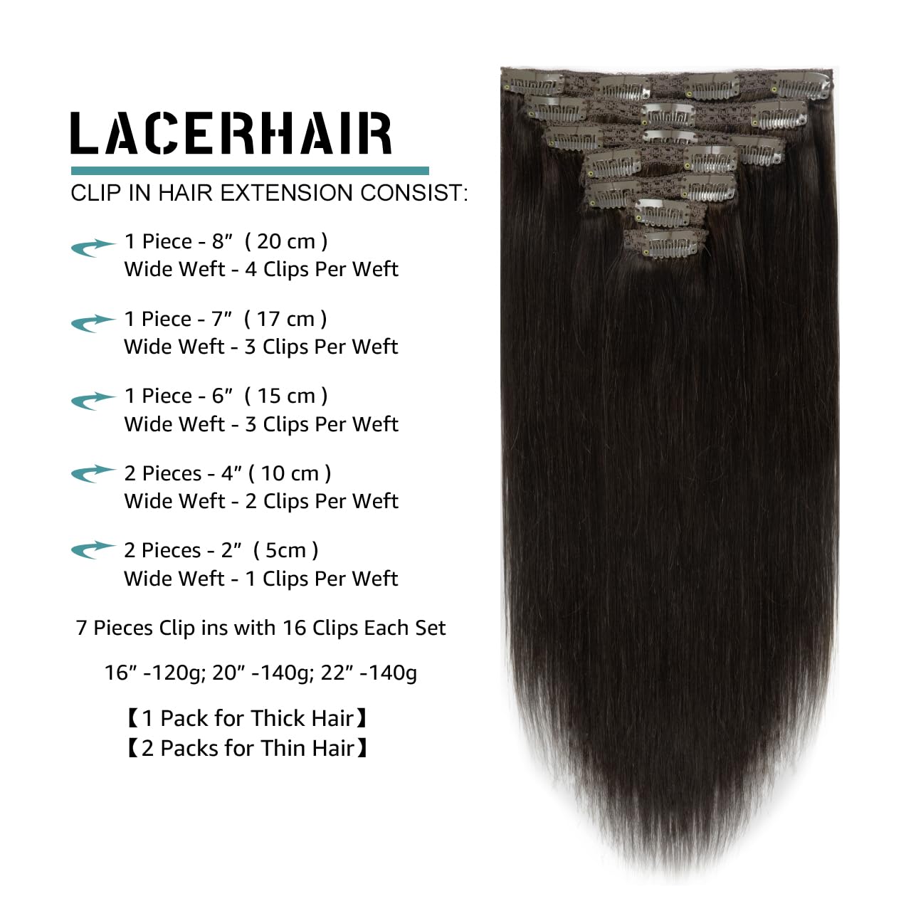 Lacer Brown Hair Extensions Clip in Human Hair 120g 7 pcs Double Weft Straight Lace Clip in Hair Extensions in Darkest Brown #2 14 Inch Full Head Set Clip Ins