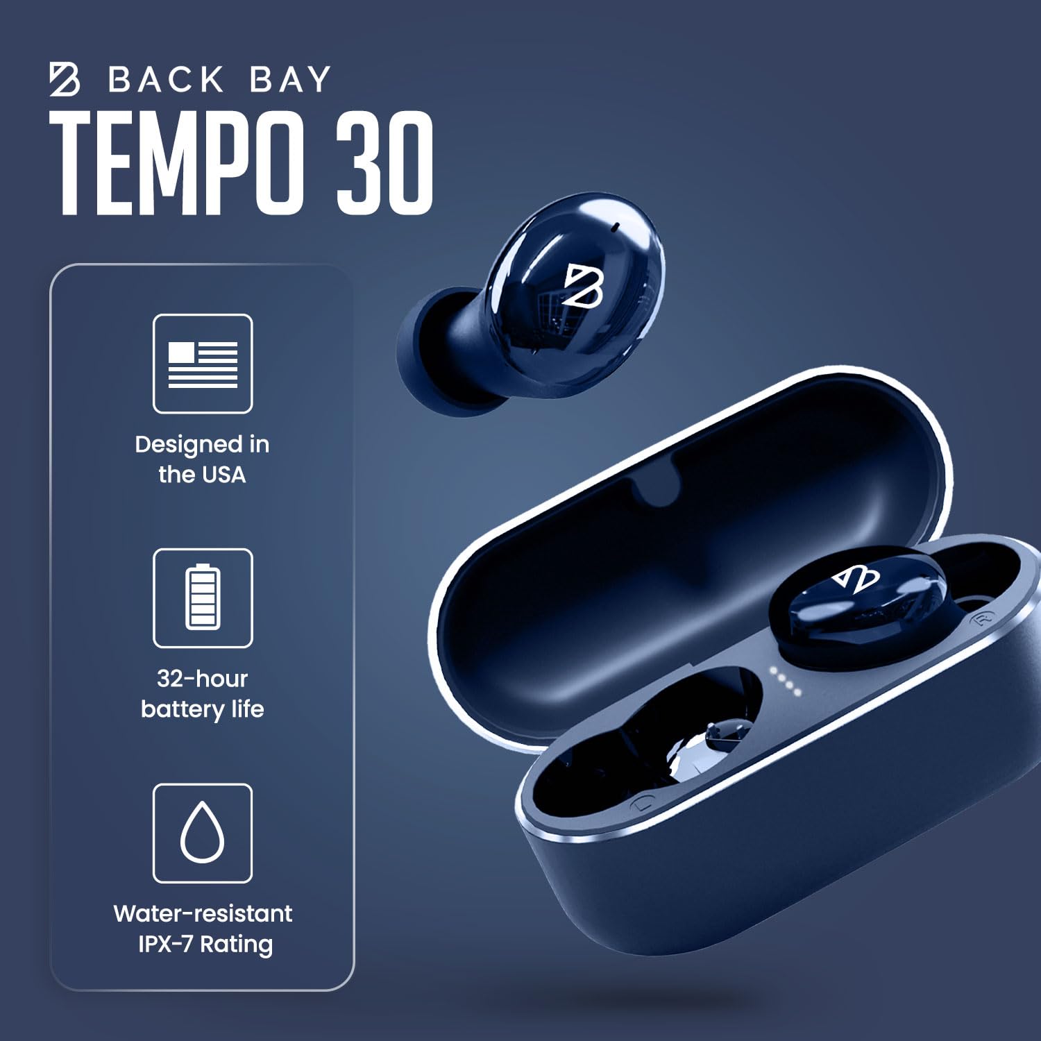 Tempo 30 Wireless Earbuds for Small Ears - Award-Winning Sound, Sweatproof Bluetooth Earbuds, Comfortable Bluetooth Ear Buds for Women, Navy Earphones for Small Ear Canals, Long Battery Headphones