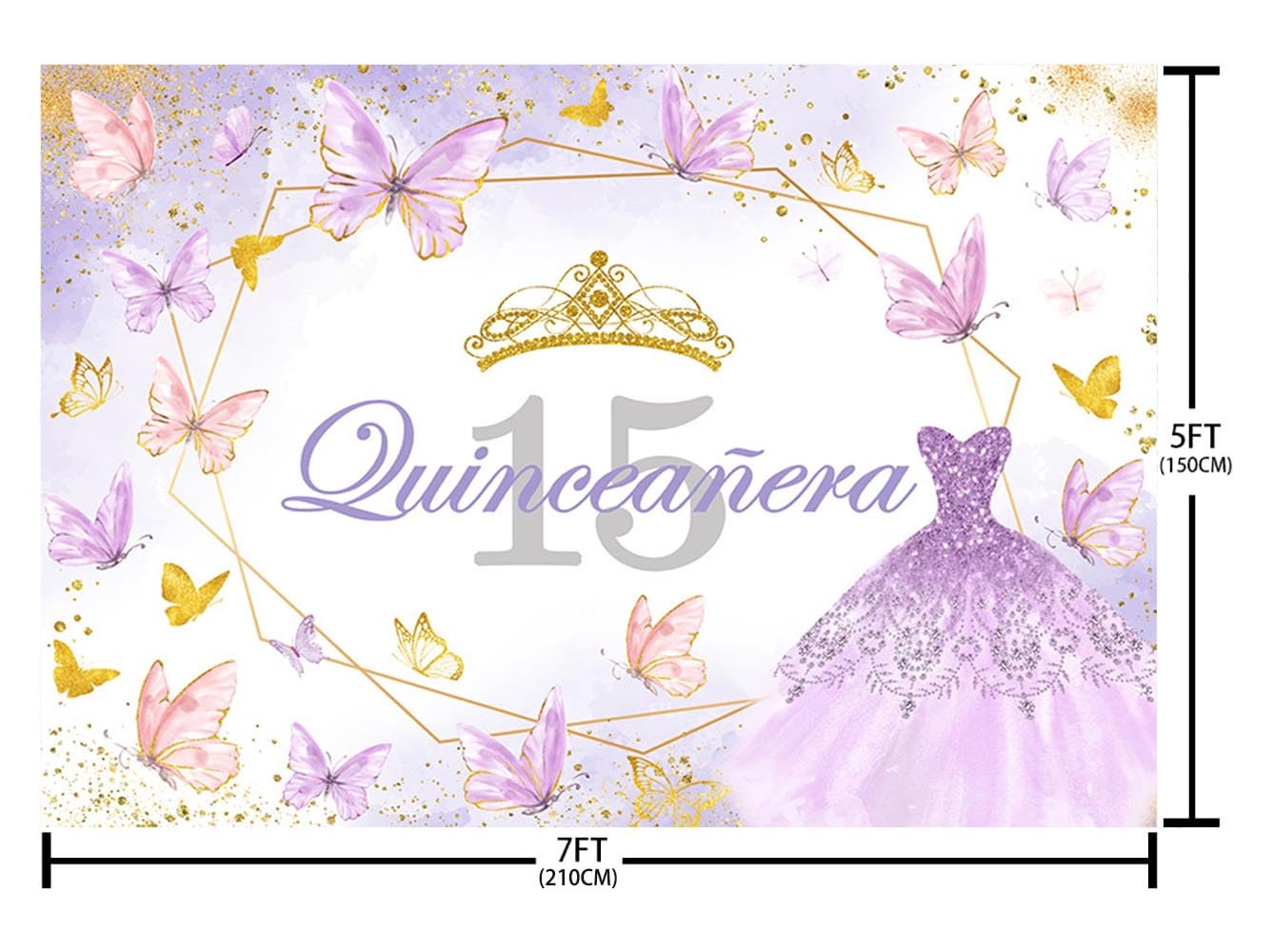 AIBIIN 7x5ft Quinceanera 15th Birthday Backdrop for Photography Purple 15th Birthday Party Decorations Background for Girls Crown Princess Dress Butterfly Banner Photo Props