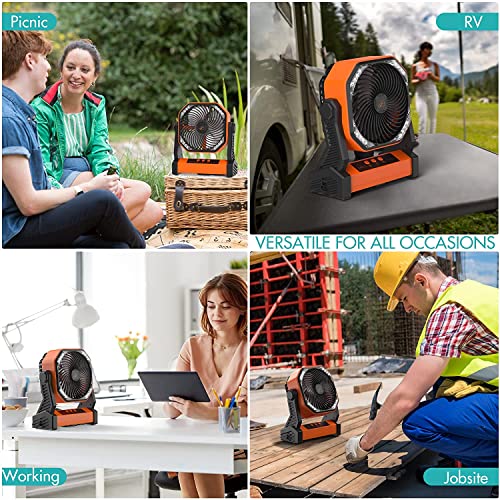 KITWLEMEN Solar Camping Fan with Light, 4 Speeds Rechargeable Battery Powered Fan with Timer, 90° Folding Portable Desk Fan for Hurricane Outages Outdoor Camping Fishing