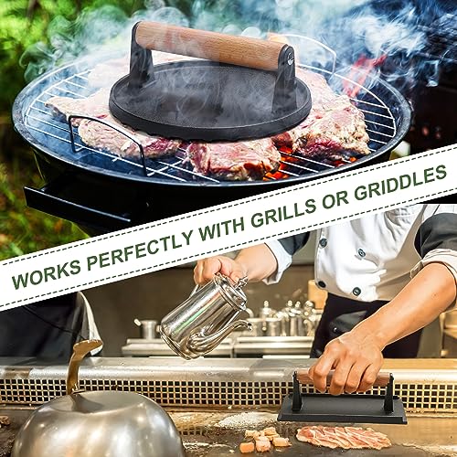 EWFEN Burger Press, 8.2"X4.3" Rectangle Heavy-Duty Cast Iron Smash Bacon Press Meat Steak with Wood Handle for Griddle, Sandwich, Nonstick Pan