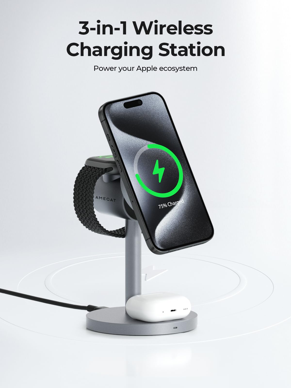 AMEGAT MagFusion 3-in-1 Charging Station MagSafe Compatible, Qi2 Certified 15W Wireless Charger Stand, Apple Watch Charger, for iPhone 15/14/13/12, AirPods, Apple Watch S9 (30W PD Charger Included)