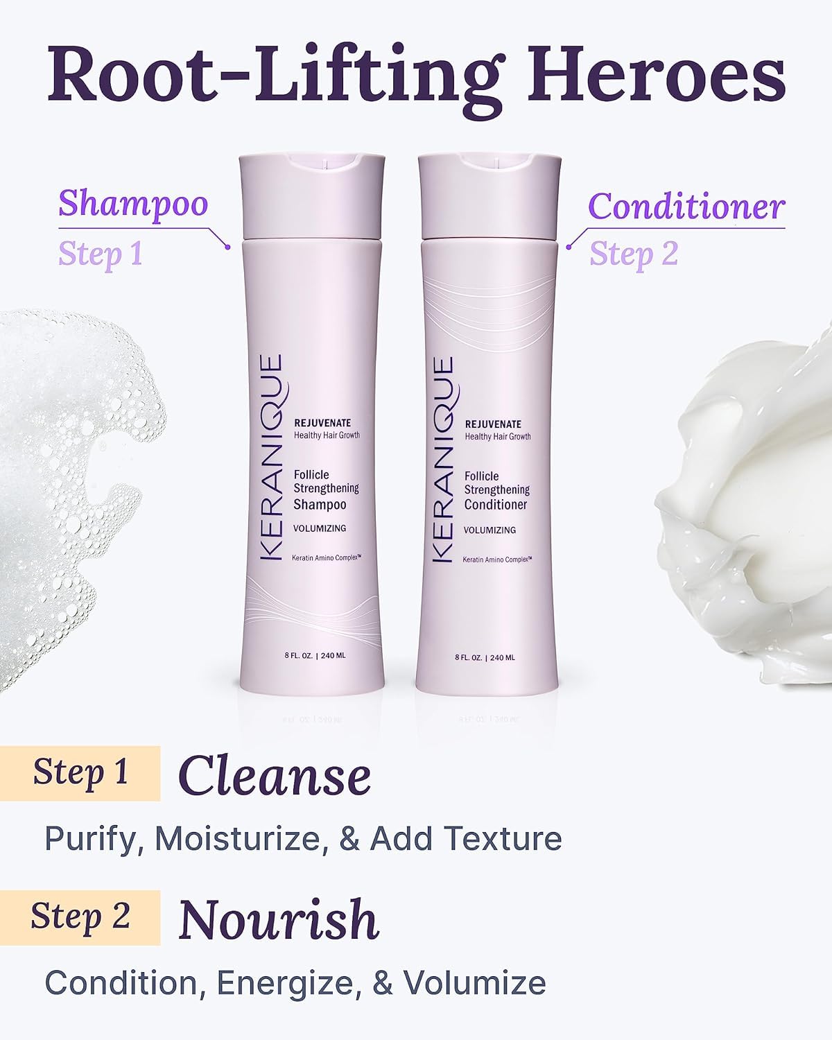 Keranique Shampoo and Conditioner - Volumizing Shampoo and Conditioner Set for Fine, Thinning Hair and Fuller Hair Growth - Keratin Enriched, Volume Thickening, Sulfate-Free, Color-Safe, Anti-Aging