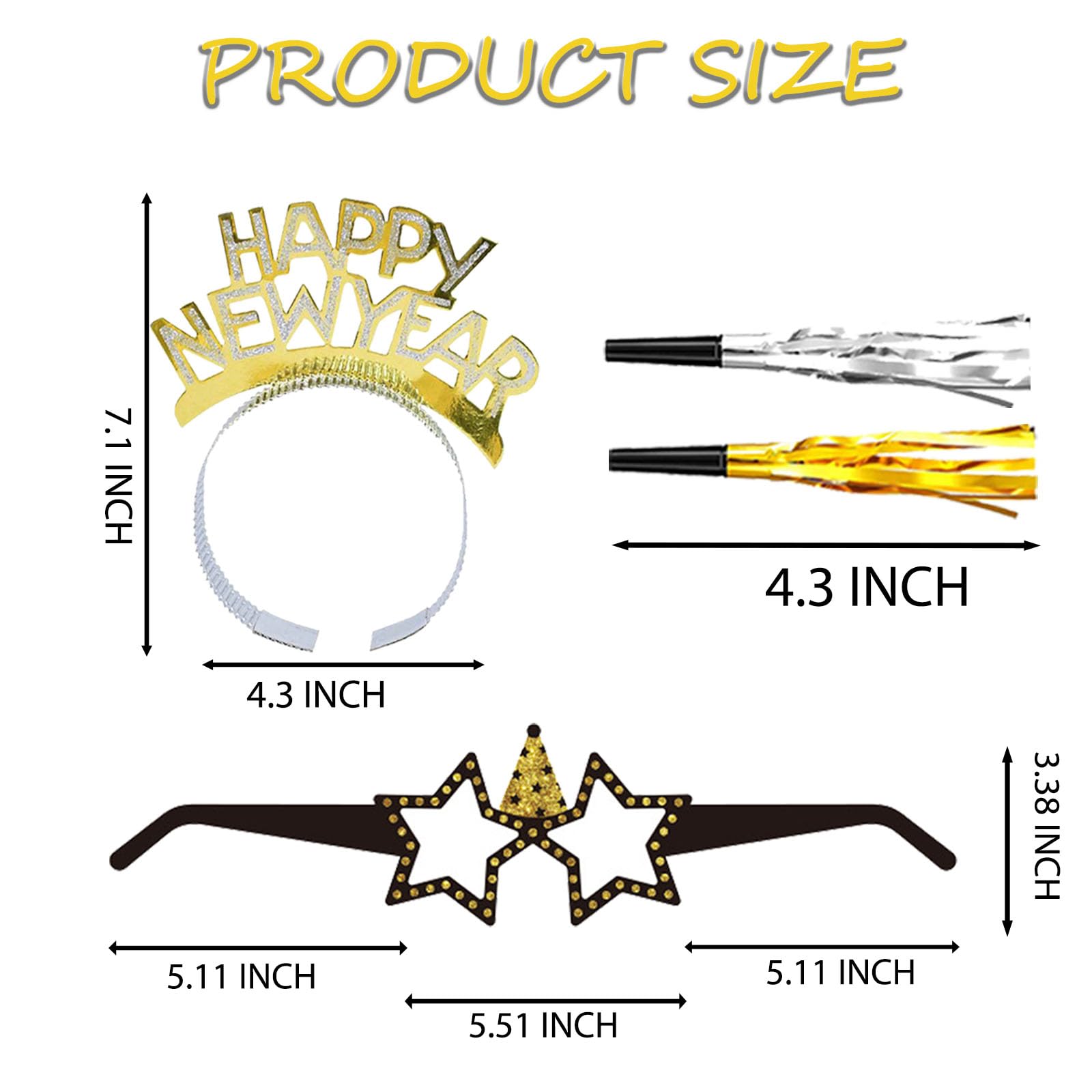 Falinpitos 36PCS Happy New Year Decorations 2025 New Years Eve Party Supplies 2025,With 12 Happy New Year Headband Tiara,12 Noise Maker,12 New Years Glasses 2025