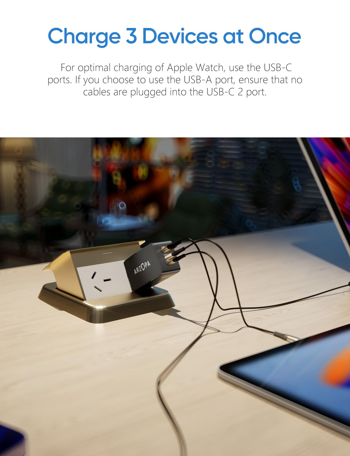 65W USB C Charger Block, ARZOPA GaN Fast Charger USB C Wall Charger PPS 3-Port Foldable Plug for MacBook Pro/Air, iPad Pro, iPhone 15/Pro, Galaxy S24 Ultra, Dell XPS 13, Pixel, Monitor