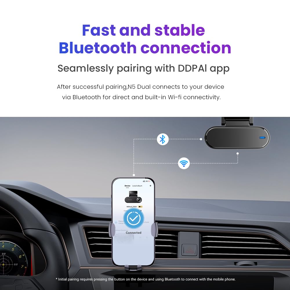 DDPAI 4K Car Dash Cam Front and Rear 2160P+1080P Dashcam Built-in 32G eMMC Voice Control ADAS 5G WiFi GPS G-Sensor with APP Control Night Vision 24 Hours Parking Monitor Support 512GB TF Card, N5 Dual
