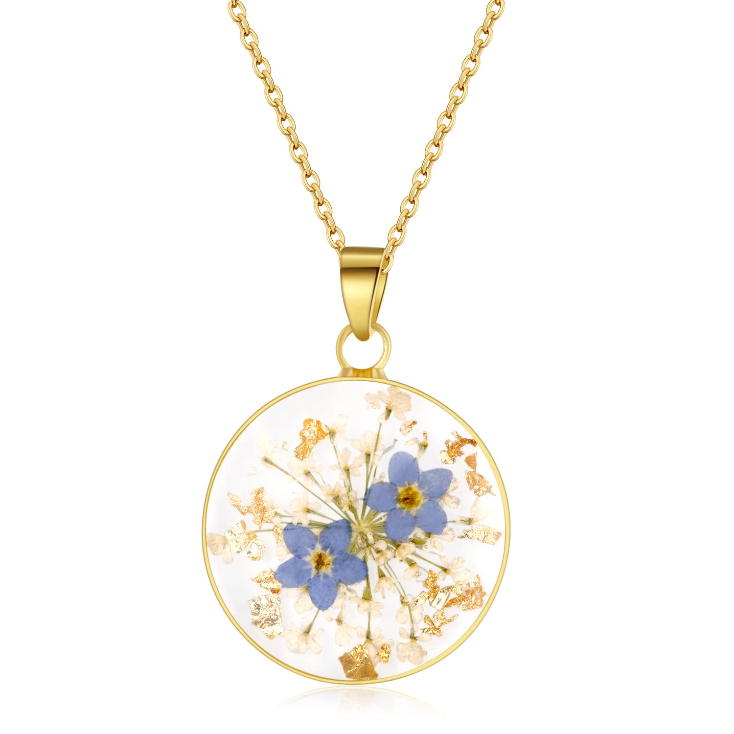 Forget-Me-Not and Queen Anne's Lace Pressed Wildflower Necklace | Gold Pressed Flower Necklace | Personalized Handmade Necklaces for Women | Forget-Me-Not Jewelry | Alaska State Flower Necklace | 18”