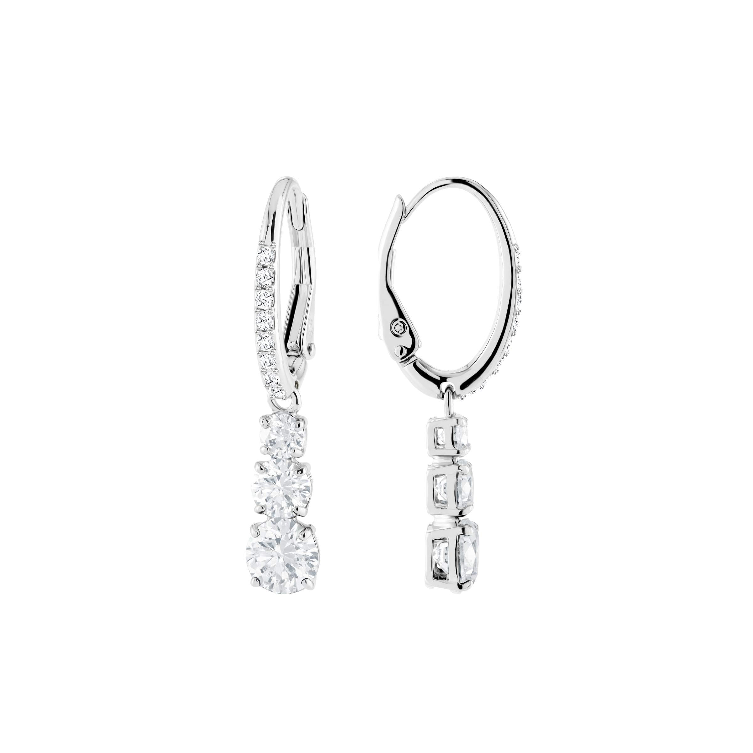 Swarovski Stilla Attract Trilogy Drop Pierced Earrings with White Crystals on a Rhodium Plated Setting with Hinged Closure