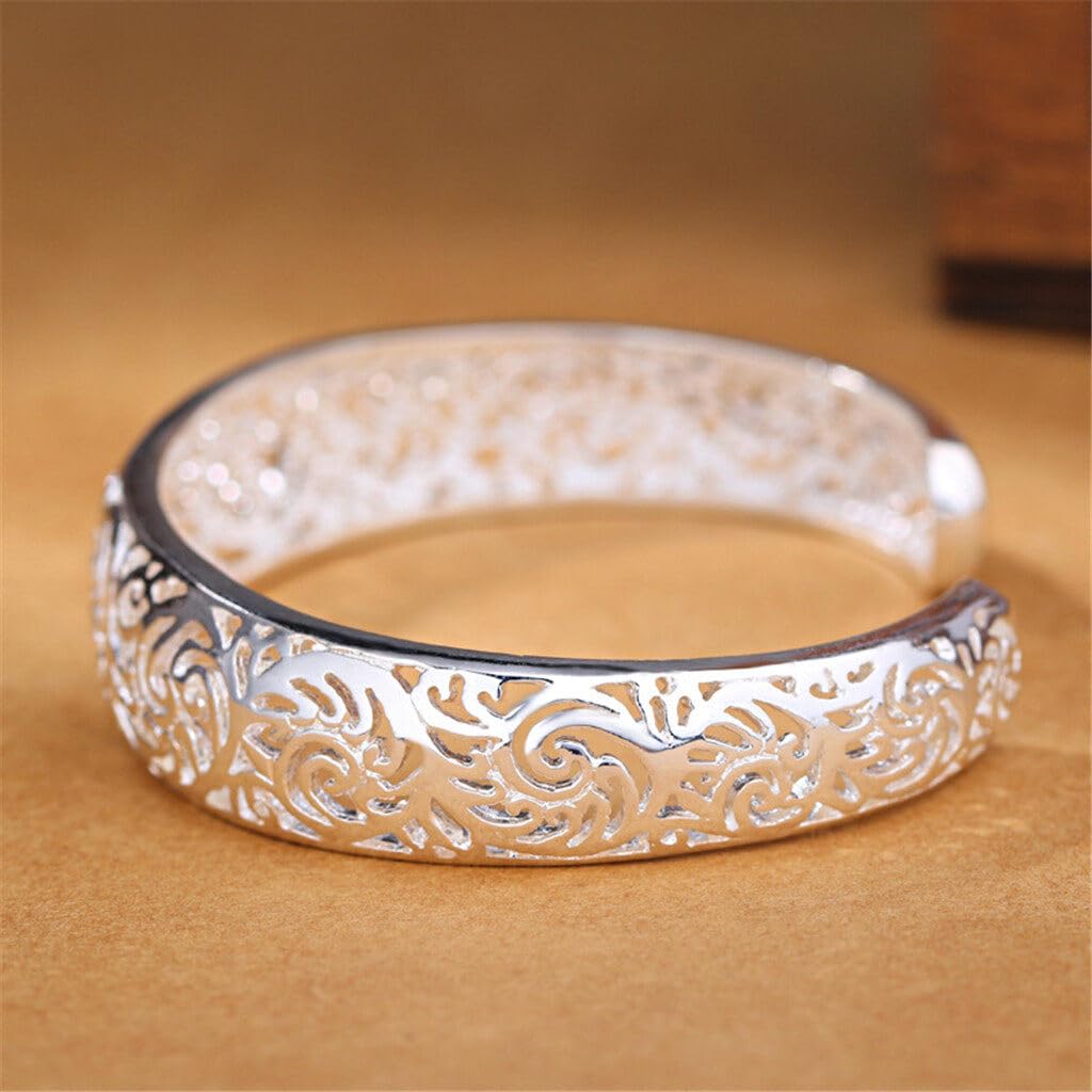 Bracelets, Women's 925 Sterling Silver Bezel Hollow Cuff Bangle Open Bracelet Jewelry Gift Durability and Attraction