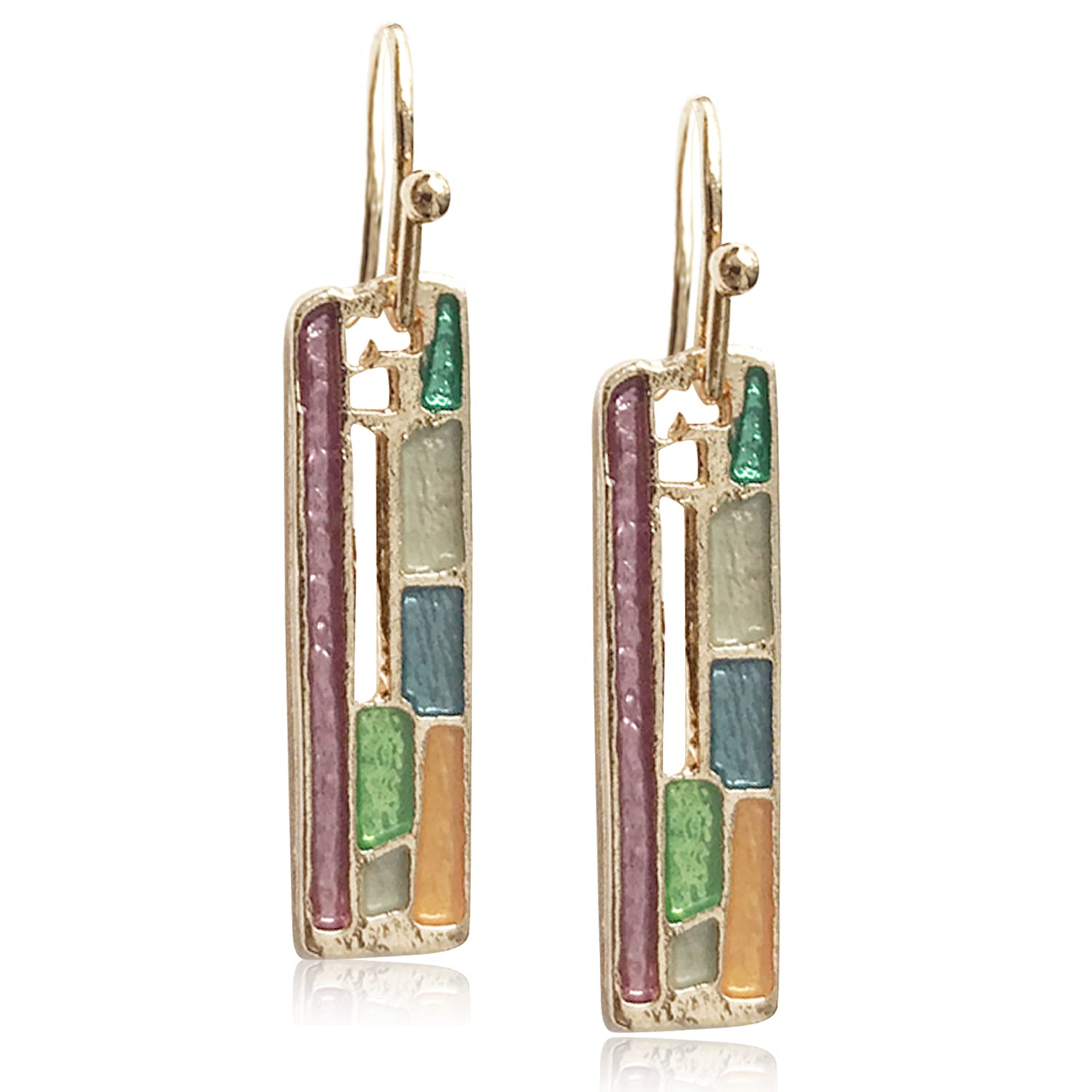 D.Rosse Unique Handmade Bohemian Enamel Vintage Silver Bar Dangle Earrings Chic Colorful Geometric Square Drop Earrings for Women Statement Jewelry (Color)