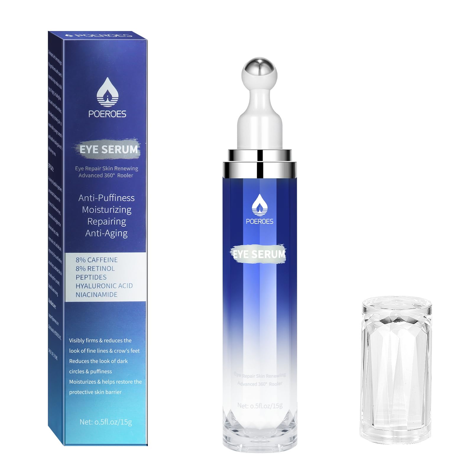 Poeroes Eye Serum with 8% Caffeine 8% Retinol Hyaluronic Acid Niacinamide peptides for Puffy Eye Bags Fine Lines Dark Circles Wrinkles, Under Eye Cream with 360° Eye Roller Massage Ball, 0.5 fl. oz
