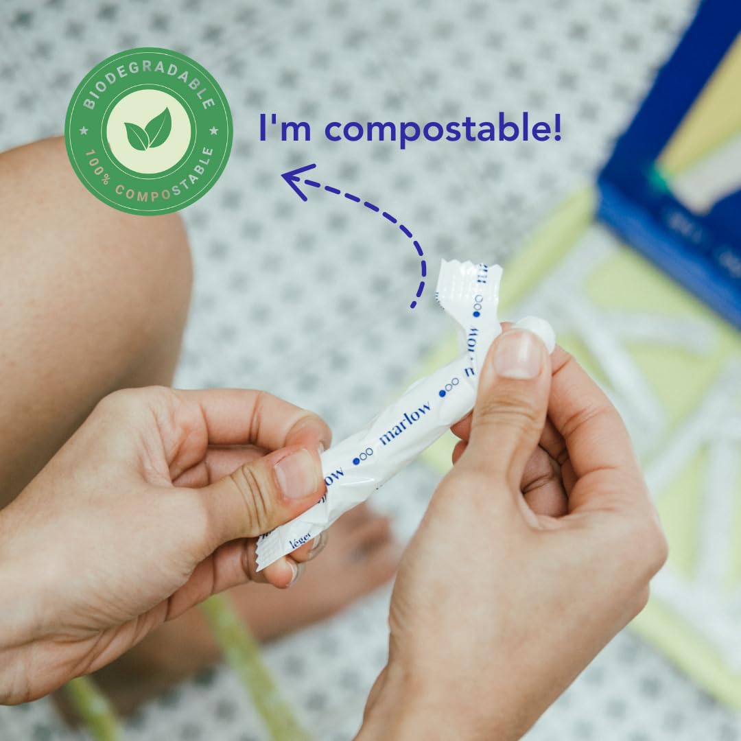 Award Winning 100% Organic Cotton Easy Glide Tampons with Compact Plant Based Applicator | Biodegradable Wrapping | 18 Count, Fragrance Free, Chlorine Free, Toxin Free | SuperTampon | by Marlow