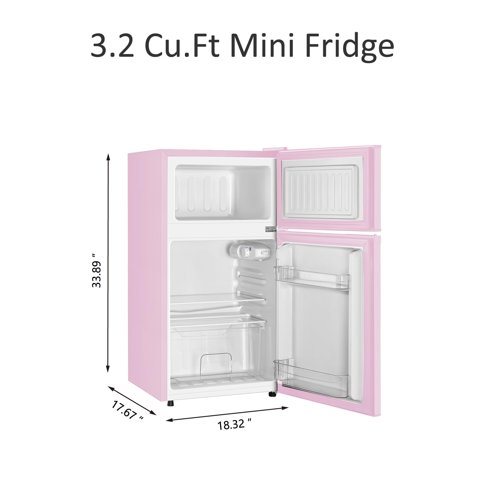 Saeoola Mini Fridge with Freezer, 3.2 Cu.Ft, 2 Doors Compact Mini Refrigerator with Separate Freezer for Dorm, Bedroom, Office, Apartment with 7-Level Temperature Control, Removable Shelves (Pink)