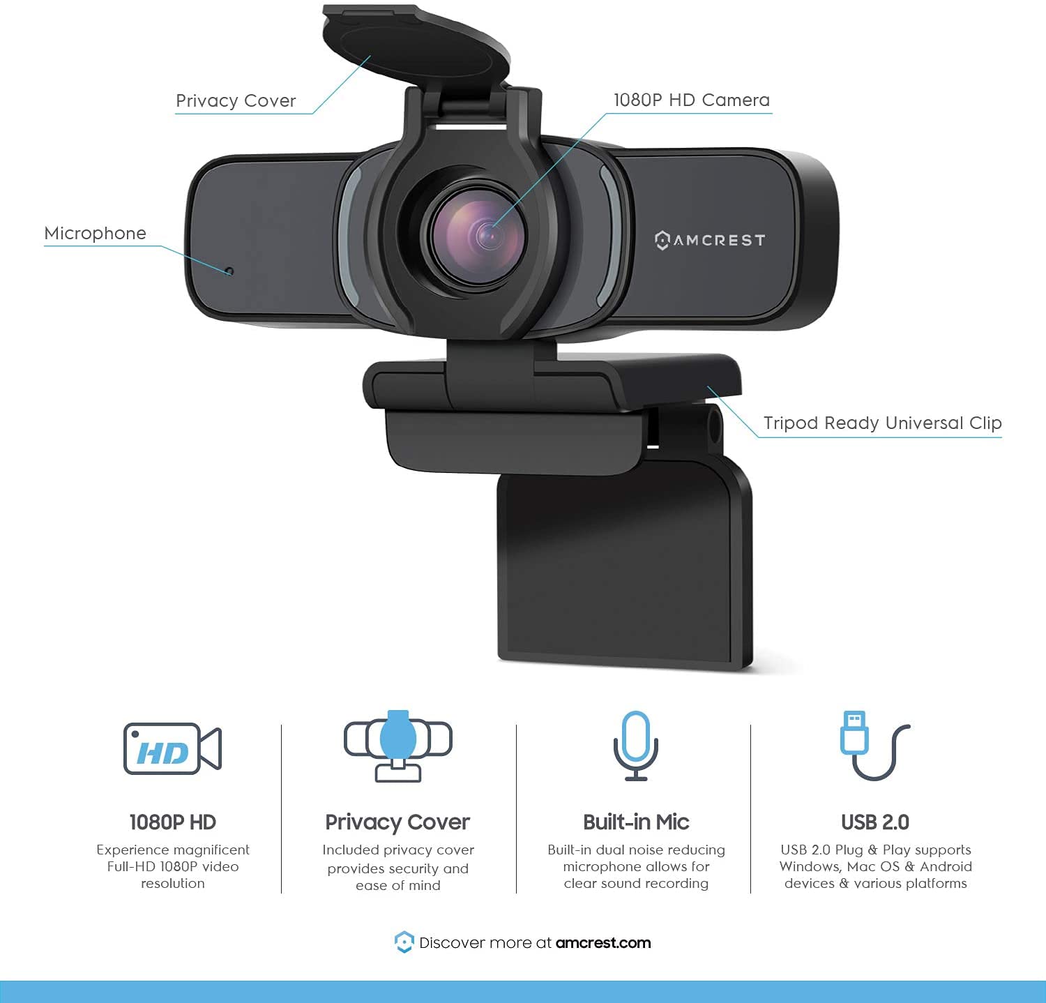 Amcrest 1080P Webcam with Microphone & Privacy Cover, Web Cam USB Camera, Computer HD Streaming Webcam for PC Desktop & Laptop w/Mic, Wide Angle Lens & Large Sensor for Superior Low Light (AWC201-B)