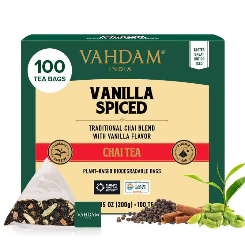 VAHDAM, Vanilla Spiced Chai Tea | 100 Tea Bags | Spiced Masala Chai Tea | Delicious Blend Of Vanilla Tea | Spiced Chai Tea Bag | Brew As Hot, Cold or Iced Tea