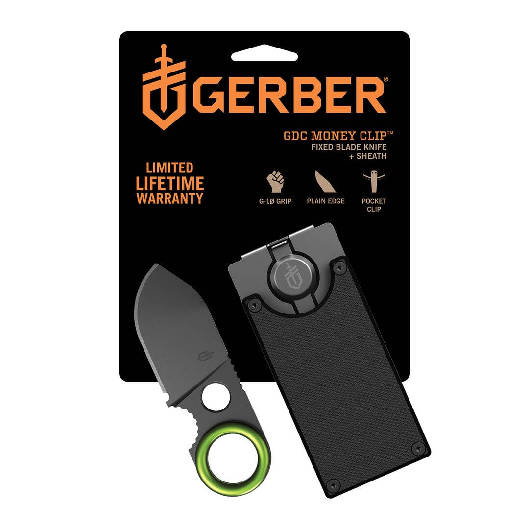 Gerber Gear GDC Money Clip with Small Pocket Knife, Stainless Steel Fixed Blade Knife and Case, Gifts for Men, EDC Gear for Camping and Hiking