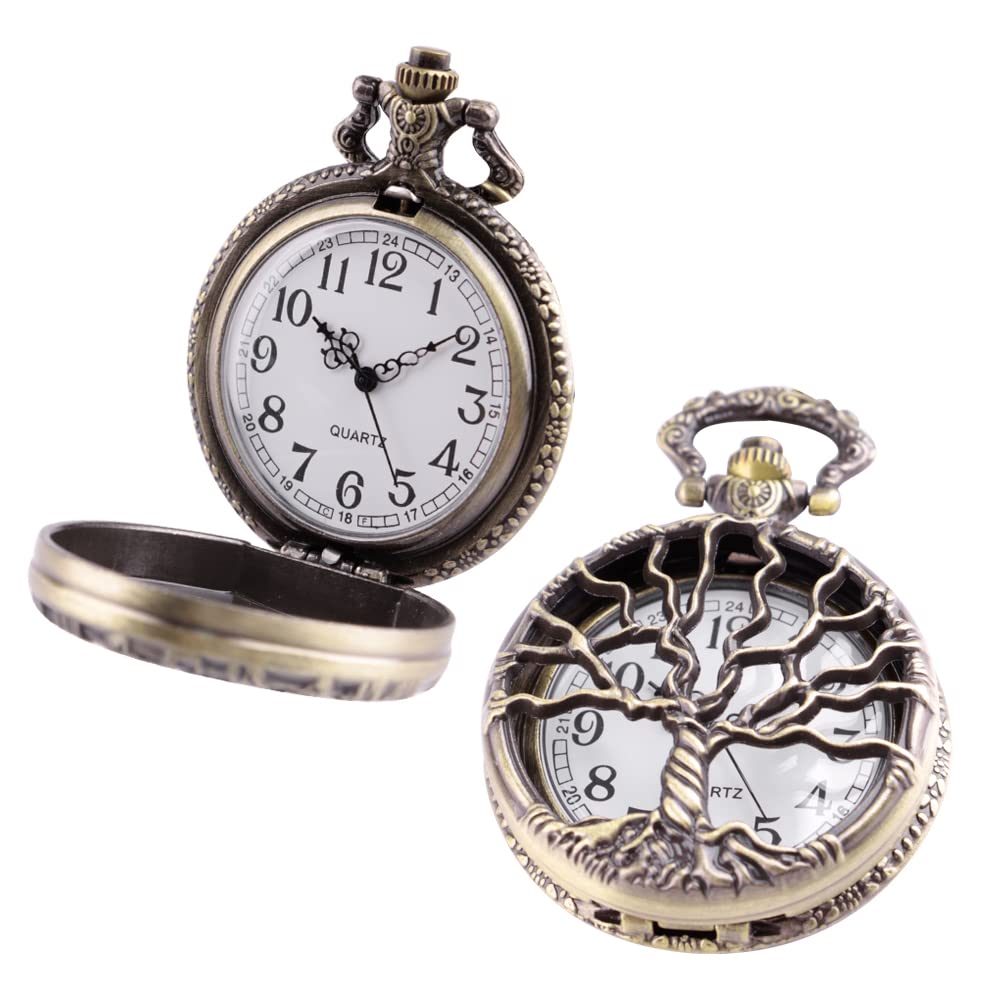 Whodoit Vintage Bronze Pocket Watch Tree Hollow Quartz Watch Men Pendant Necklace Gifts Watches