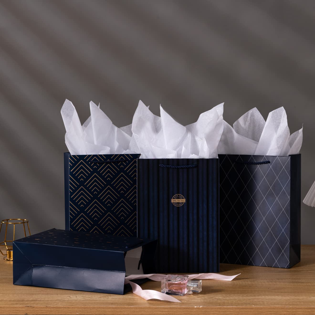 SHIPKEY Gift Bags, 10 Pack Navy Blue with Gold Foil Stars, Kraft Paper Bags with Handles, Bulk for Men, Groomsmen, Christmas Gifts, 8x4x11inch, Includes Tissue Paper