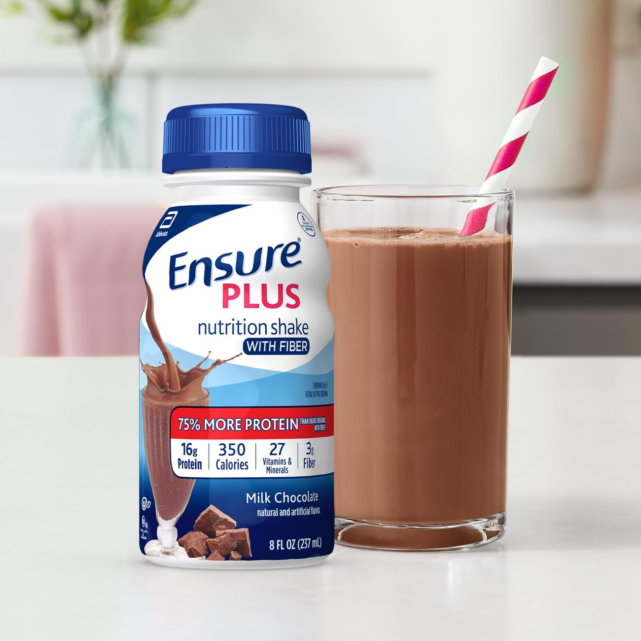 Ensure Plus Milk Chocolate Nutrition Shake With Fiber | Meal Replacement Shake | Ready To Drink | 16g Protein and 27 Vitamins and Minerals | 8 fl oz - 24 Pack