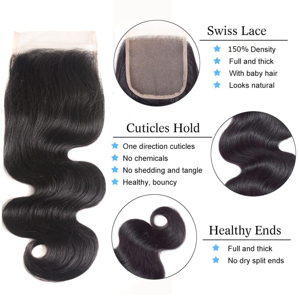 Body Wave Bundles with Closure Human Hair 3 Bundles with Closure(14 16 18+12) Brazilian Body Wave 100% Unprocessed Virgin Human Hair Bundles with 4x4 Lace Closure Free Part Natural Color Body Wave