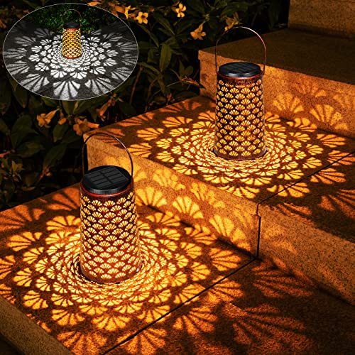 JSOT Solar Lanterns Outdoor Waterproof, 2 Pack Hanging Yard Decor Outdoor Lights for Metal Backyard Porch Patio Table Balcony Lawn Pathway Tree 2 Modes Warm/Cool White