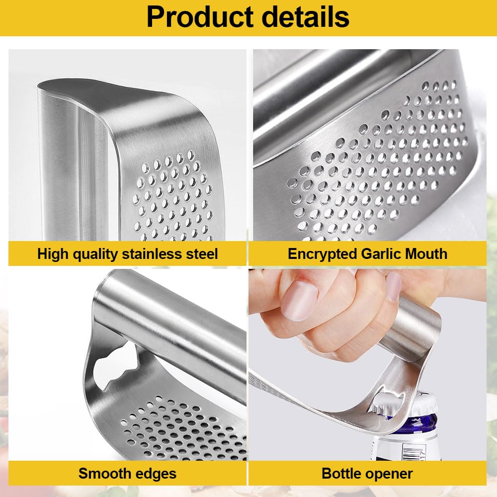 Stainless Steel Garlic Press,2024 Newest Garlic Press Stainless Steel Garlic Mincer Garlic Crusher with Peeler and Cleaning Brush,Handle Garlic Chopper for Smash Garlic Kitchen Tools (A)