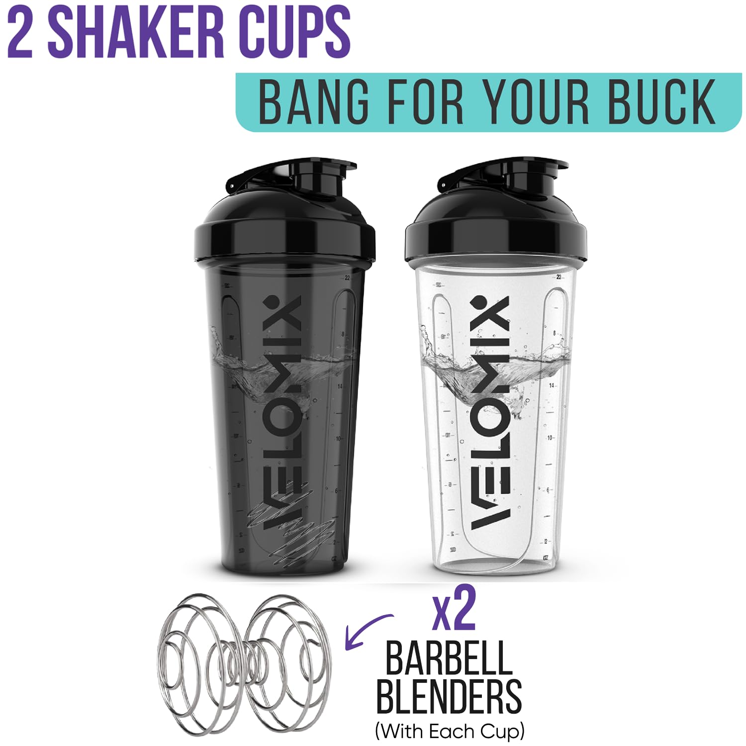 VELOMIX -2 Pack- 28 oz Protein Shaker Bottles for Protein Mixes - 2x Wire Whisk | Leak Proof Shaker Cups for Protein Shakes | Protein Shaker Bottle Pack | Shakers for Protein Shakes-Black&Transparent