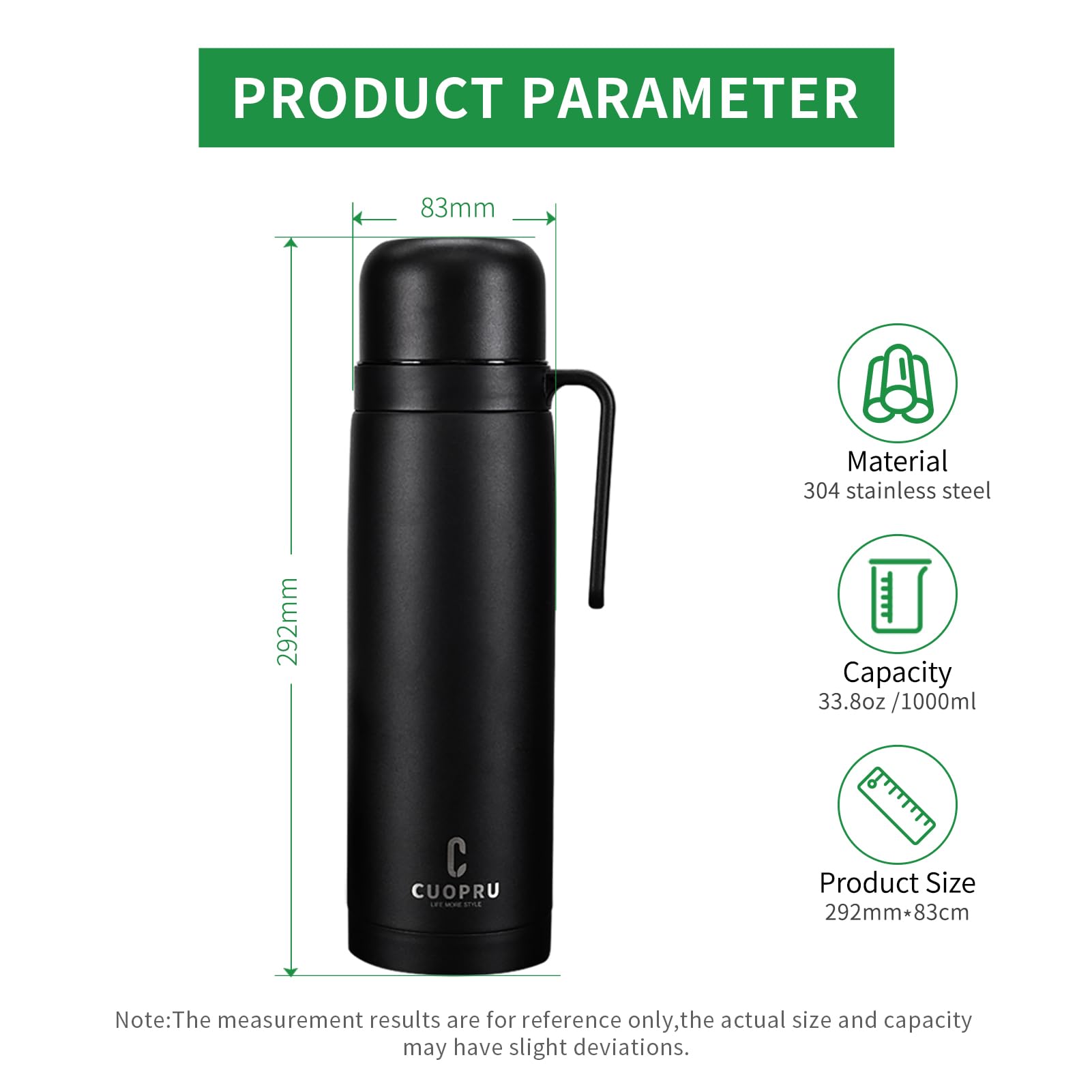 CUOPRU Vacuum Insulated Bottle for Yerba Mate, Coffee, Tea, Water, 33.8 oz Stainless Steel Thermal Bottle Flask, Wide Mouth, Keeps Drinks Hot/Cold for 24 Hours, Matte Black