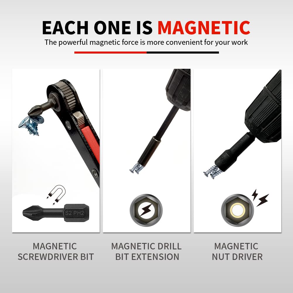 AKMTOOL 41Pcs Magnetic Nut Driver Set, 1/4" Quick-Change Hex Shank | SAE & Metric | Cr-V Steel, Magnetic Screwdriver Bit Set W/Drill Bit Extension & Drill Bit Adapter, Ratchet Wrench
