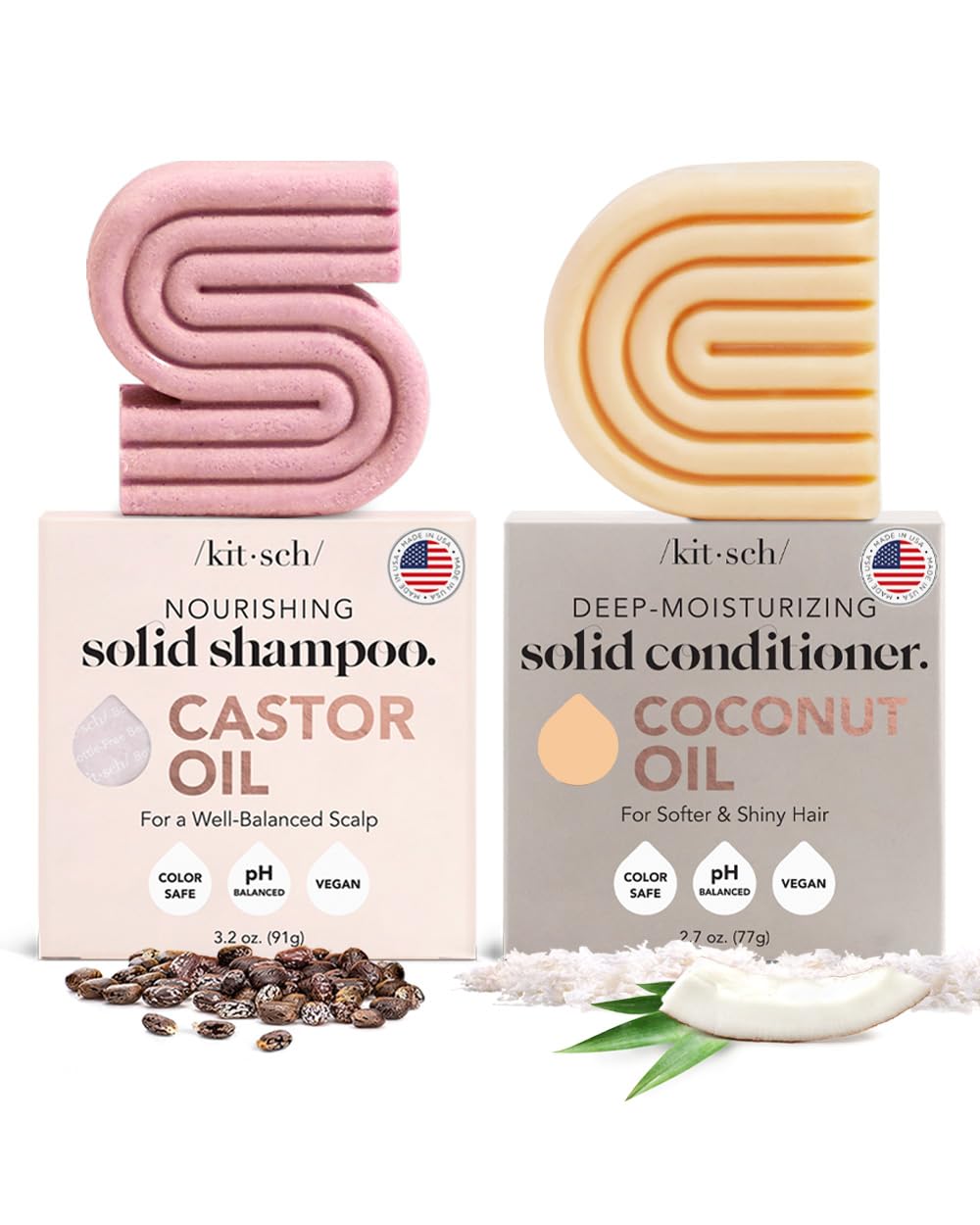 Kitsch Castor Oil Shampoo Bar & Coconut Oil Deep-Moisturizing Conditioner Bar - Hydrating for Dull & Dry Hair, Strengthen & Restore Damage Hair, 2pc Set