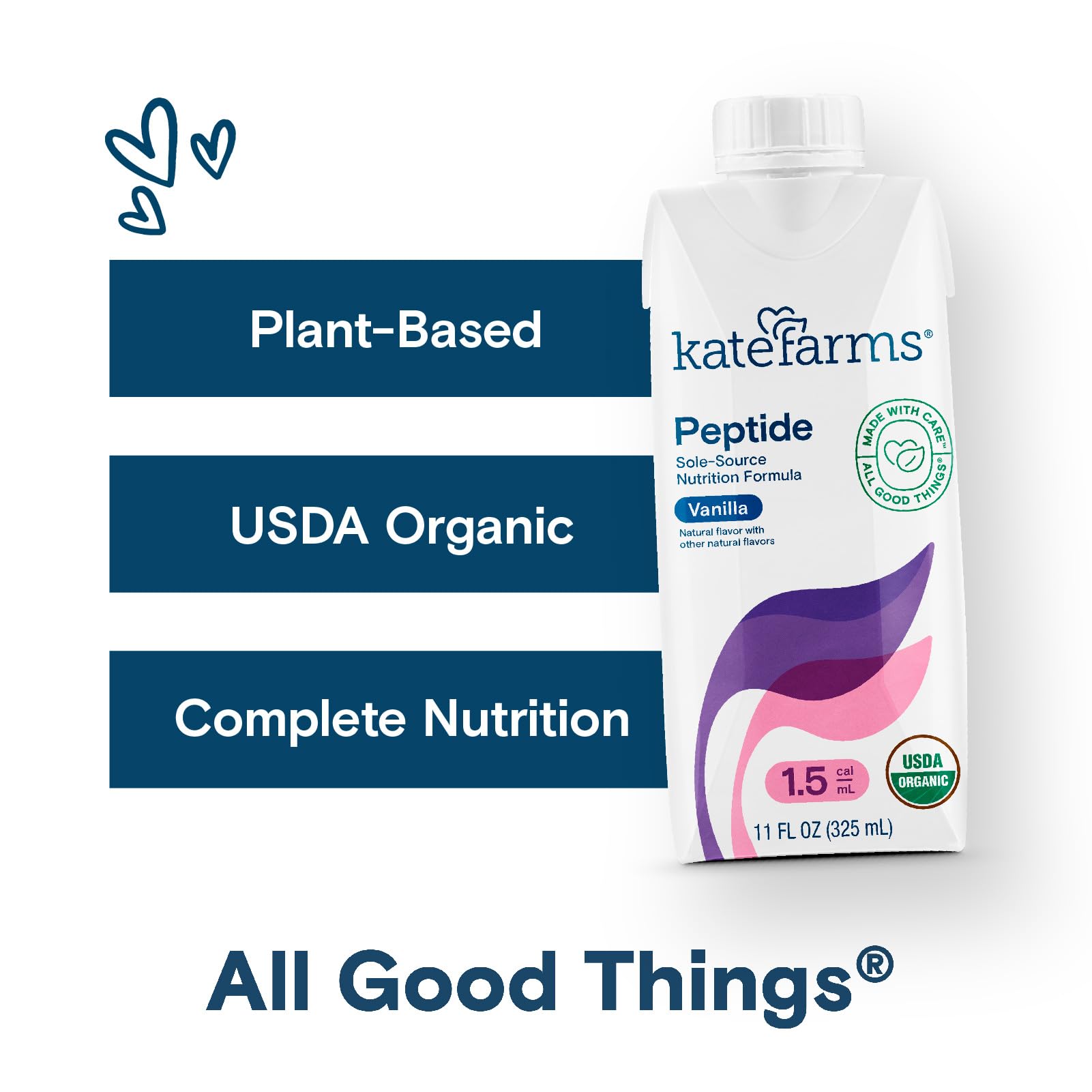 KATE FARMS Organic Adult Peptide 1.5 Formula, Vanilla, Sole-Source, Hydrolyzed Plant-Based Nutrition for Oral or Tube Feeding, 11 Fl oz (12 Pack)