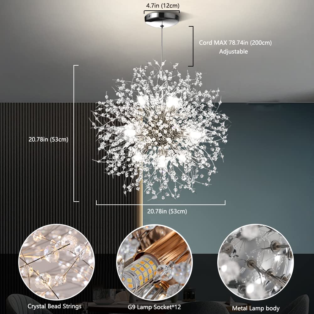 Mivenda Modern Crystal Chandeliers 12-Light Chrome Dandelion Light Fixture,Firework Chandelier,Personalized Ceiling Hanging Lighting for Bedroom,Dining Room,Kitchen,Living Room Chandelier