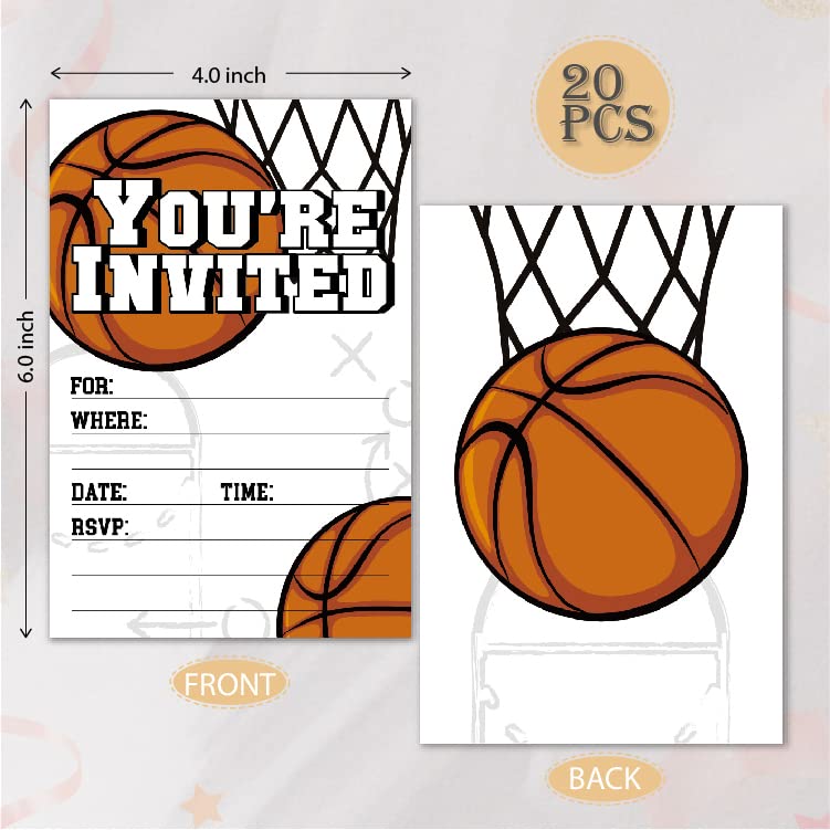 VNWEK Basketball Birthday Party Invitations With Envelopes,Basketball Sports Player Double-sided Printed Birthday Party Invitation Invite Cards for Boys Girls,Basketball Birthday Invites(20 Sets)