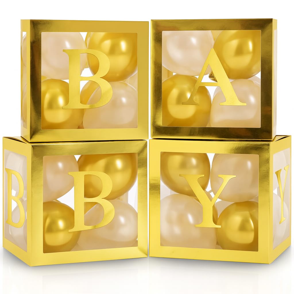 Balloon Garland Arch Kit – 146 Pcs Metallic Gold Balloons & Baby Shower Boxes with Letters – Gold Boxes with Gold & White Balloons