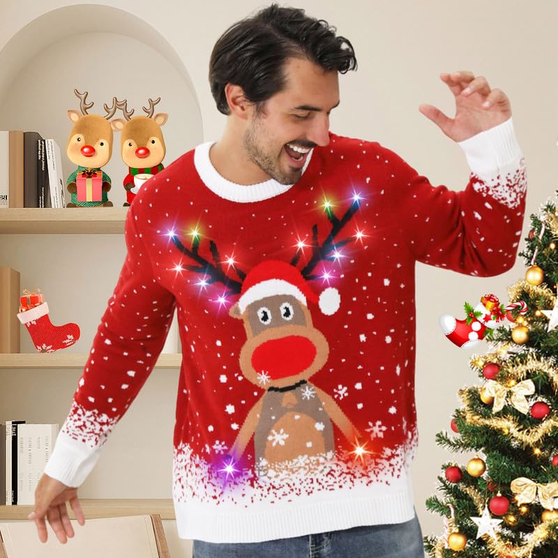 Ugly Christmas Sweaters for Women 2024 Men Light Up Christmas Sweater,Funny Reindeer Unisex Red Xmas Ugly Sweater for Couples