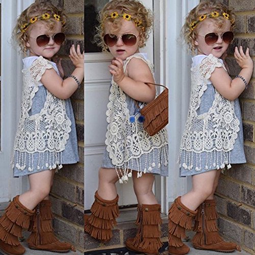 SMILING PINKER Little Girl's Crochet Vest with Fringe V neck Sleeveless Cardigan Open Front (Beige, Small)