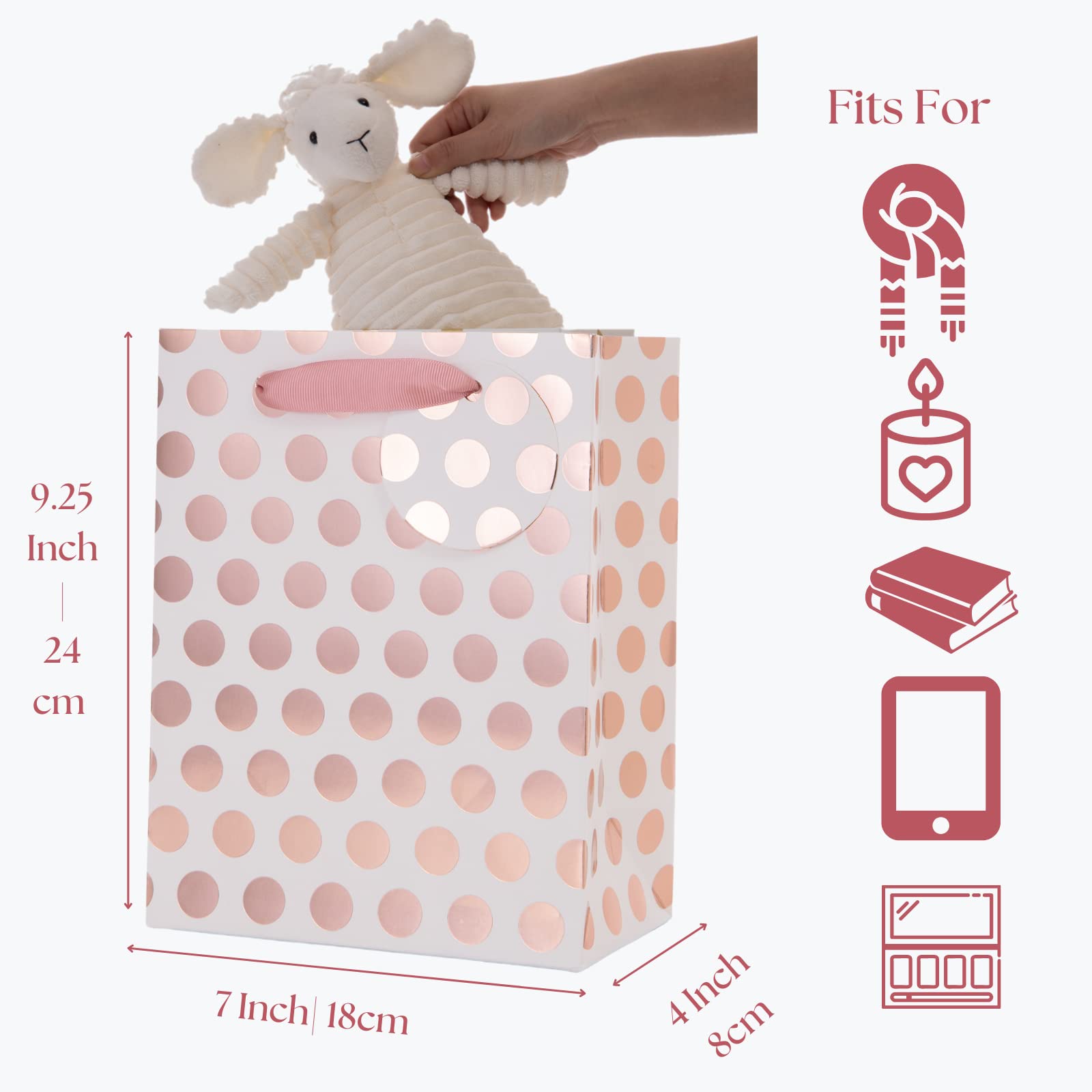 UNIQOOO 12Pcs Rose Gold Foil Gift Bag Bulk, Pink Polka Dots with Tag, Durable Recycle Kraft Paper Bags, Thank You Bag For Wedding Favors Baby Shower Birthday Party Gift Wrapping Box, Medium 9x7x4 Inch