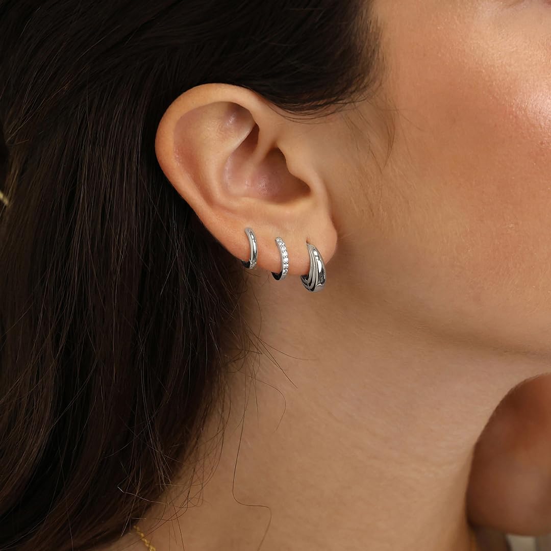 Poxtex Small Sterling Silver Hoop Huggie Earrings Set for Women, Small Chunky Cubic Zircon Earrings for Multiple Piercing Hypoallergenic Trendy Jewelry, Dainty Cartilage Earrings for Teen Girls Gifts 3 Pairs