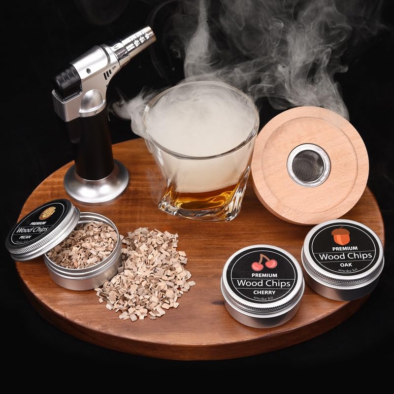 Cocktail Whiskey Smoker Kit with Torch, Old Fashioned Bourbon with 4 Flavored Smoking Wood Chips, Drink Smoker Infuser Kit Gifts for Cocktail Lovers, Men, Dad, Husband, Boss, Boyfriend (No Butane)