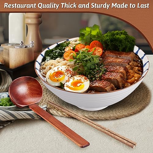 YTLEMON Ramen Bowls Set of Ceramic, 2 Sets of 34 Ounces Large Japanese Serving Bowls with Chopsticks and Spoons Forks for Pho, Dinnerware for New Apartments Suitable as Housewarming Gifts(Black)