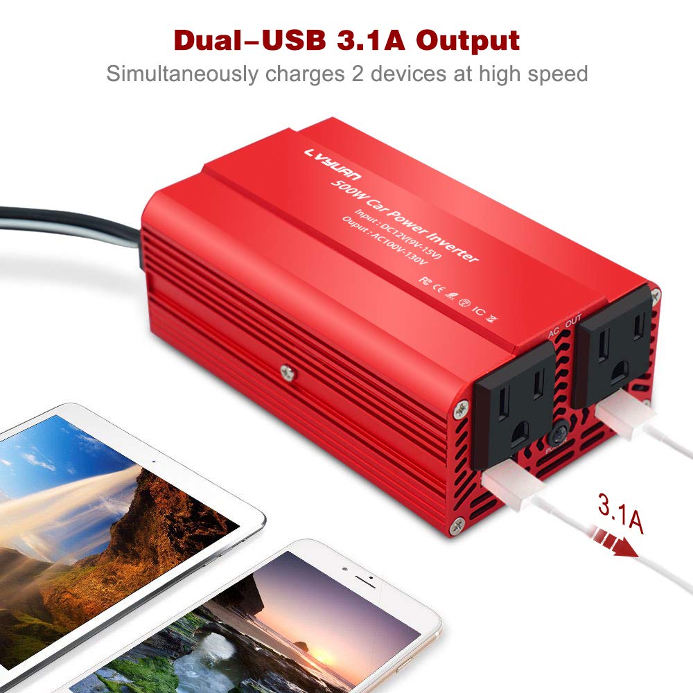 LVYUAN 500W Power Inverter DC 12V to 110V AC Car Inverter Converter with 3.1A Dual USB Car Adapter