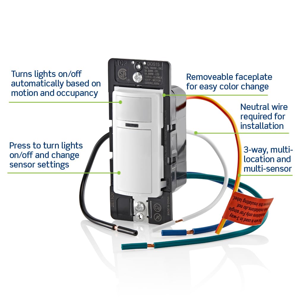 Leviton DOS15-1LZ Decora Occupancy Motion Sensor In-Wall Switch, Auto-On, 15A, Single Pole, Multi-Way or Multi-Sensor, White with Ivory, Light Almond Faceplates