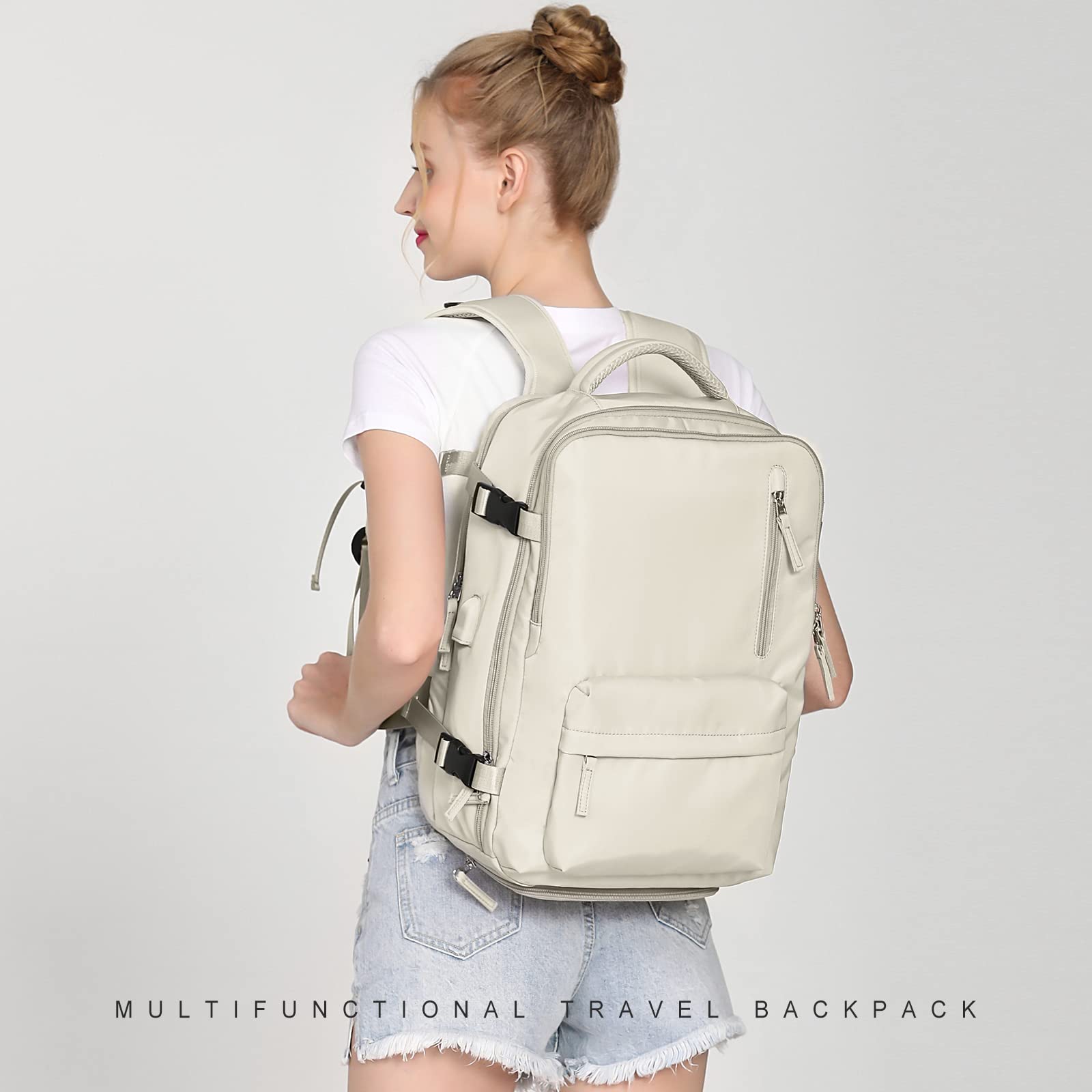 Large Travel Backpack Women Carry On Backpack Flight Approved Hiking Waterproof Rucksack Casual Daypack Laptop bags for airplanes Shoes Compartment Personal Item Travel Weekender Bag Essentials Beige