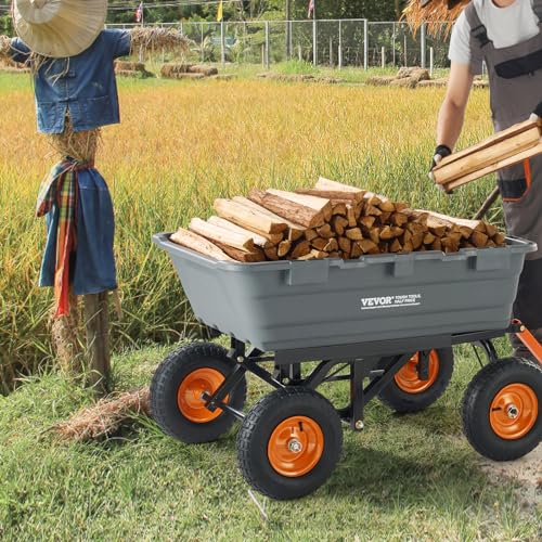 VEVOR 400lbs Steel Garden Dump Cart, Heavy Duty Yard Dump Wagon Utility Wagon with Removable Sides, Pullable Handle, Utility Liner, 10in All Terrain Wheels