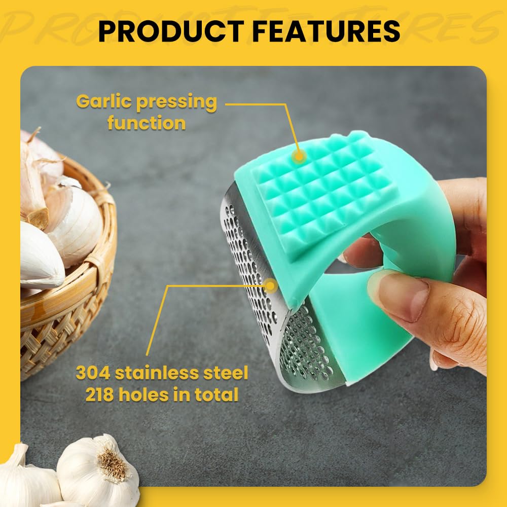 2024 Upgrade Stainless Steel Garlic Presser, Garlic Press Rocker Garlic Mincer Garlic Crusher with Peeler and Cleaning Brush, Stainless Steel Garlic Mincer for Smash Garlic Kitchen Tools (black)