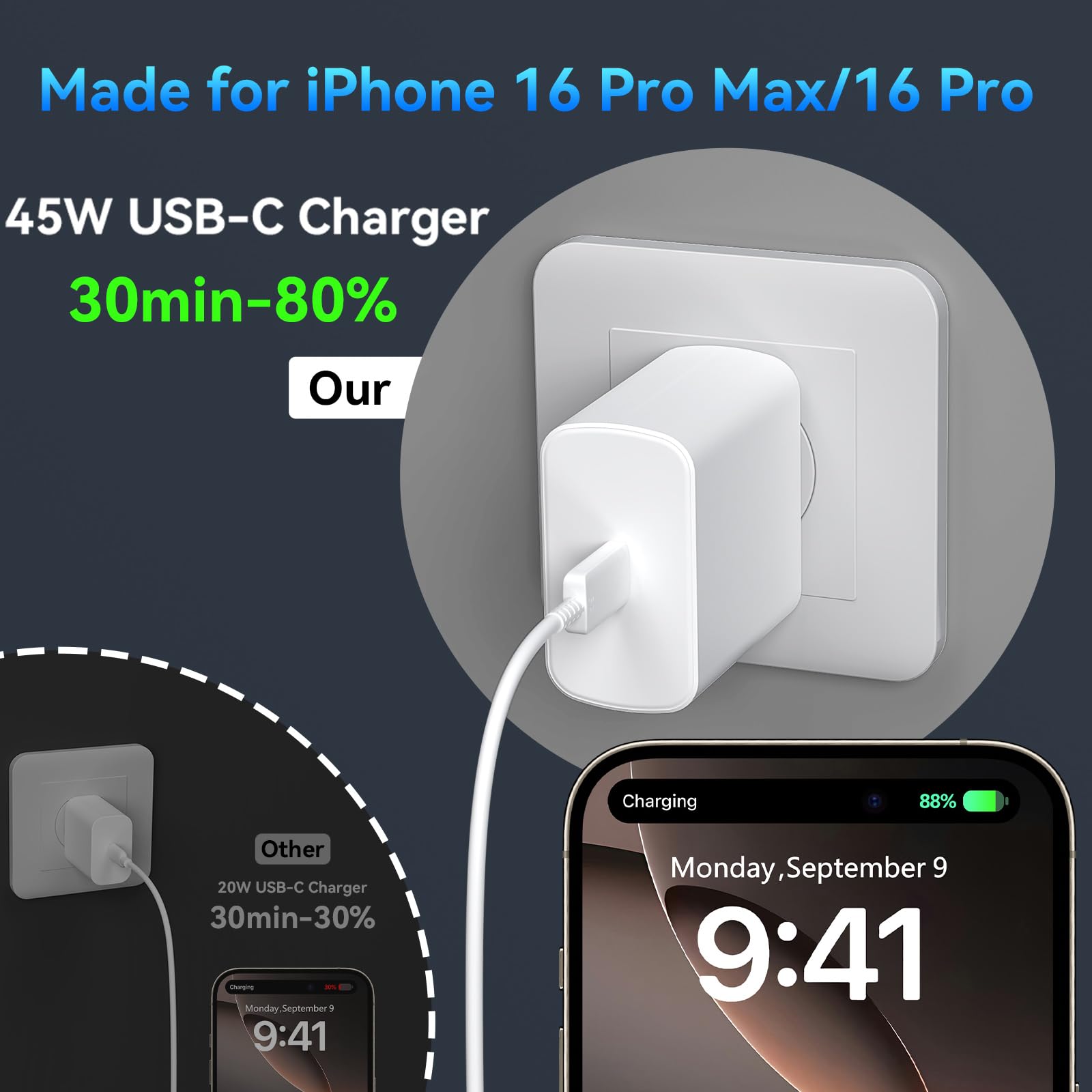 iPhone 16 Pro Max Charger Fast Charging, 45W Super Fast USB C iPhone 16 Charger Block with 10FT Long Charging Cord Cable for iPhone 16 Pro Max/16 Pro/16/16 Plus, 15 Pro Max/15 Pro/15, Android Phone