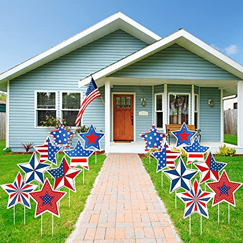 4th of July Yard Signs Patriotic Stars Yard Sign Independence Day Outdoor Pathway Decoration with Stakes Waterproof Corrugated Star Lawn Signs Independence Day Party Supplies, 8 Styles (8 Pieces)