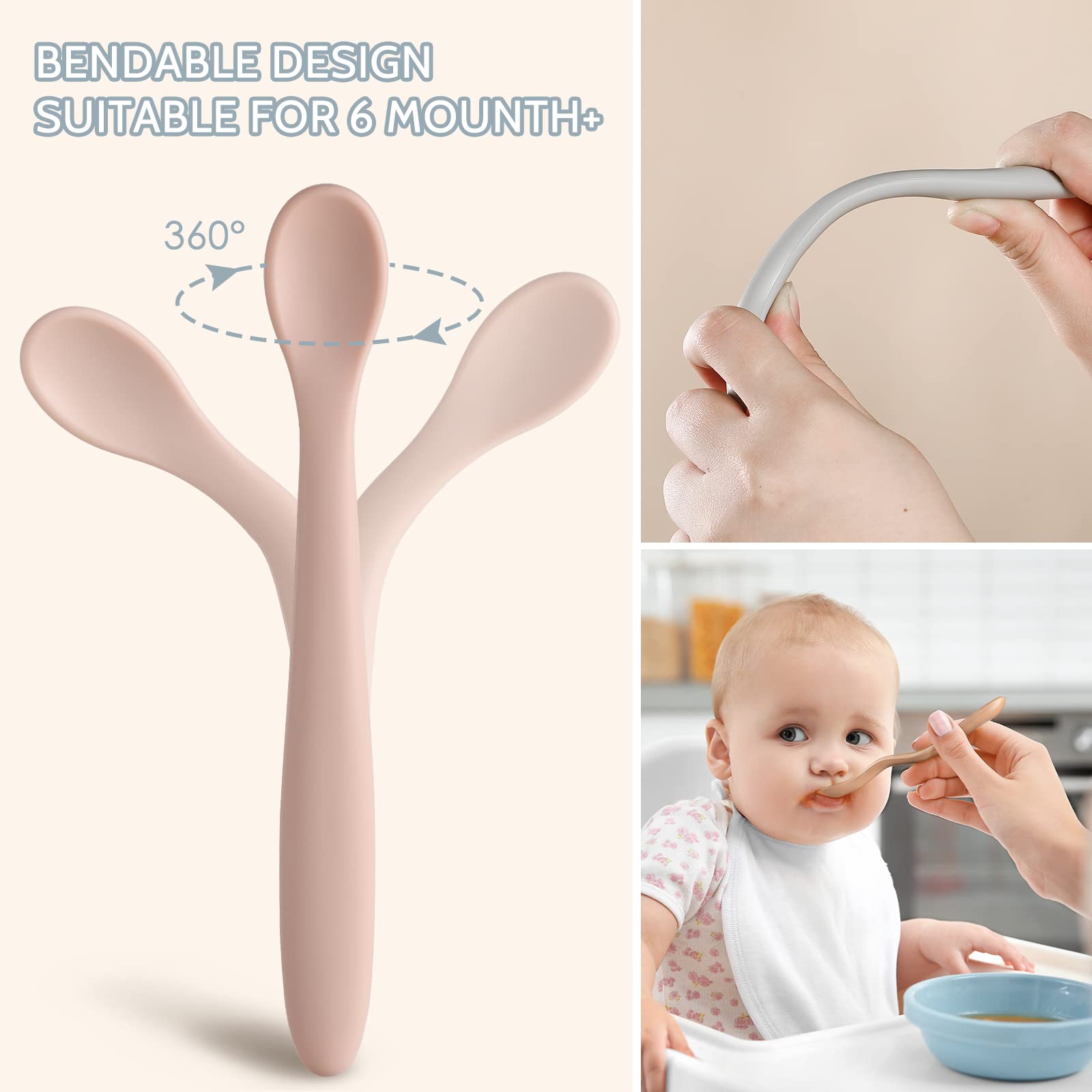 NETANY Silicone Baby Feeding Spoons, First Stage Infant Soft-Tip Easy on Gums I Training Spoon Self | Utensils Supplies, Dishwasher & Boil-proof, 6 Pack