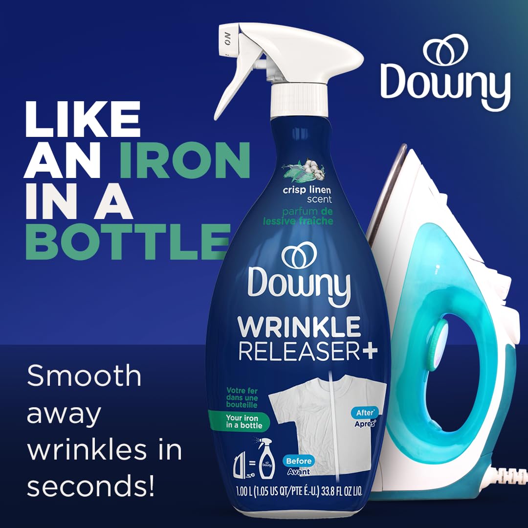 Downy Wrinkle Release Spray, Travel Size Spray, All In One Formula, Removes Wrinkles, Static and Odor Eliminator, Crisp Linen Scent, 3 Fl Oz, Pack of 3