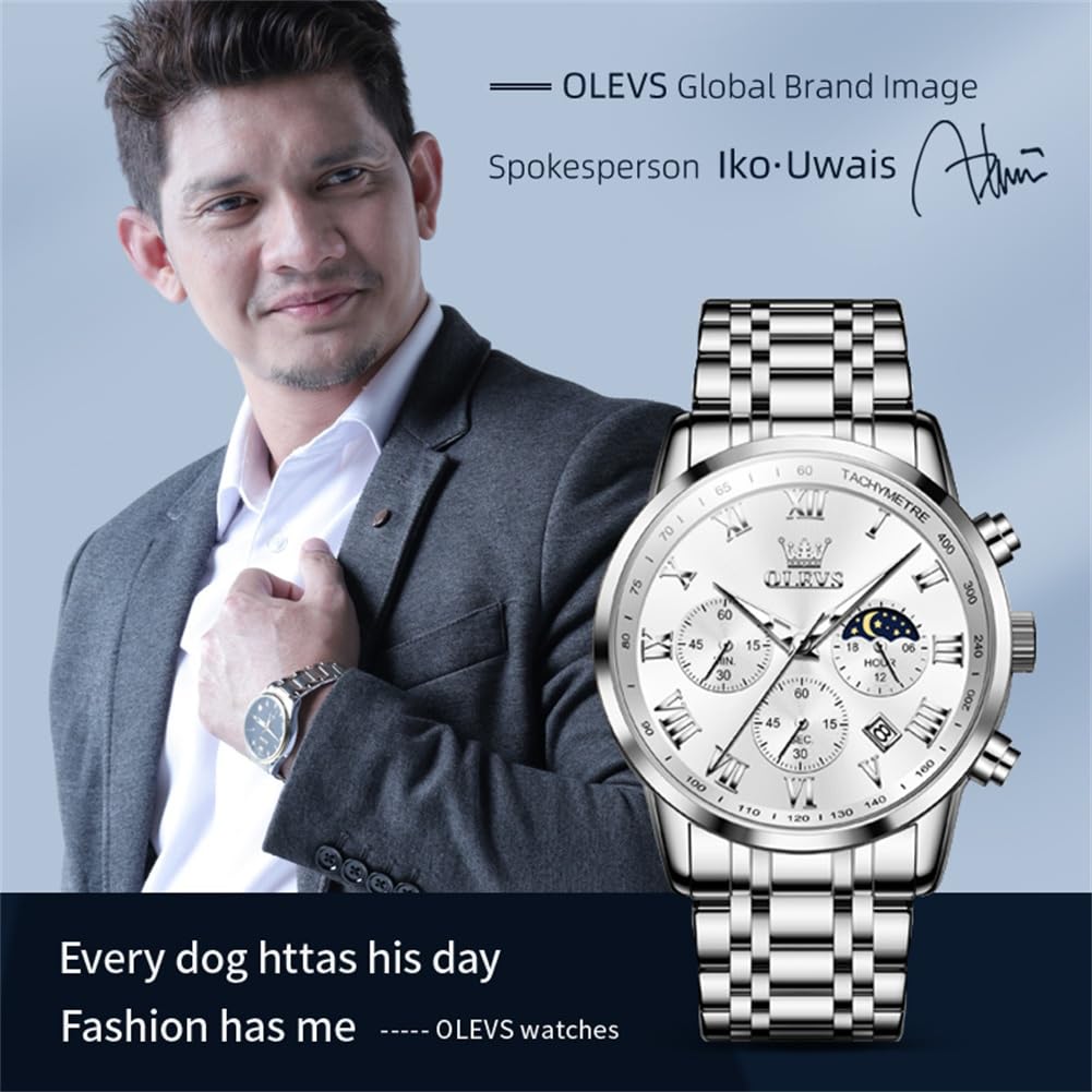 OLEVS Men Analog Quartz Watches Fashion White Dial Watches for Men Chronograph Watches Sliver Stainless Steel Watches Men Day Date Watches Mens Waterproof Watches Roman Numerals Watches Luxury